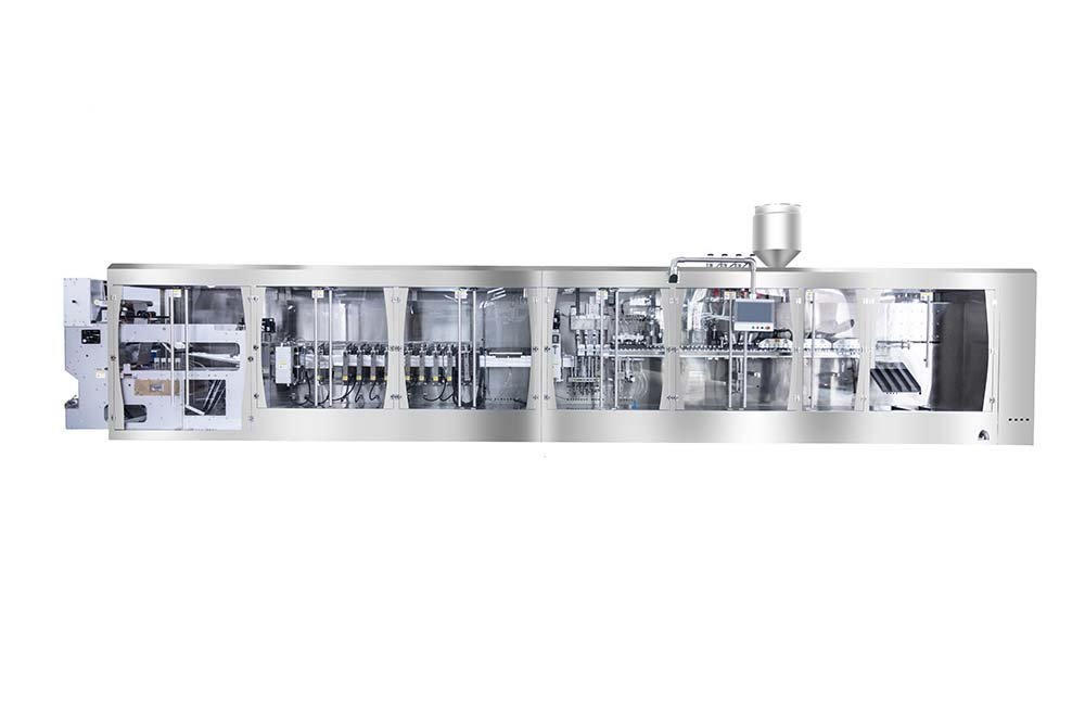 Full side view of the INMAYPACK HMS 320 horizontal form-fill-seal (HFFS) packaging machine featuring a food-contact compliant stainless steel frame, safety tempered glass enclosures, overhead HMI touchscreen, and top-mounted product hopper.