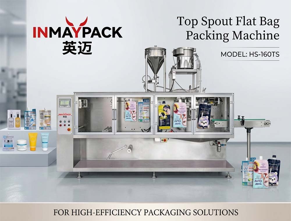 Top spout flat bag packing machine HS-160TS for 4-side seal spouted sachets and pouches