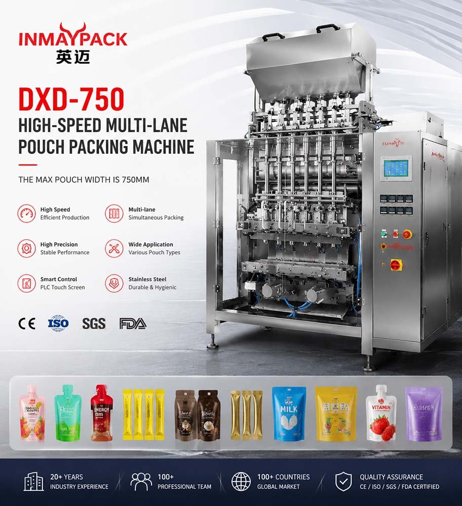 INMAYPACK DXD-750 high-speed multi-lane pouch packing machine, capable of handling 750mm max pouch width for food and beverage manufacturers. Image shows the stainless steel machine structure, a selection of diverse packaging bag types (stand-up pouches, stick packs, custom shapes) that the equipment supports, and compliance standard icons including CE-marked, ISO 9001 standard manufacturing, FDA and SGS food-contact compliance.