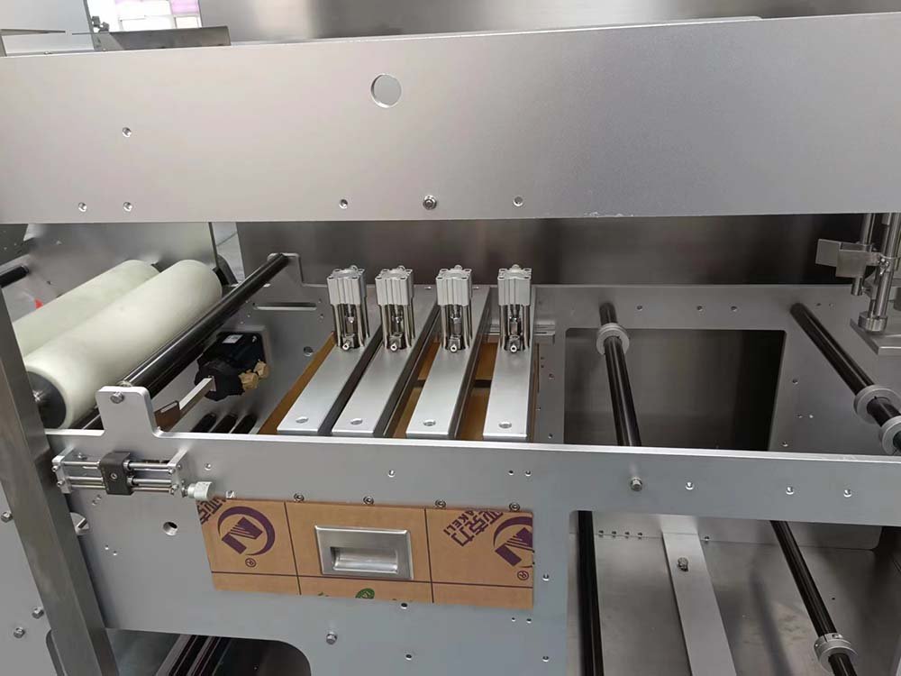 Detail of the INMAYPACK servo-driven multi-channel linear liquid metering pumps and sanitary suction tubes on the HMS-4200 packing machine.