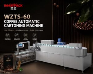 WZTS-60 coffee automatic cartoning machine for boxing single-serve sticks and bags, engineered for food factories. Built by INMAYPACK to ISO 9001 standards, featuring high-speed operation, smart PLC control, and CE-marking.