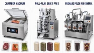 Comparison of chamber vacuum, roll-film vacuum brick pack and premade pouch air-control packaging machines for food