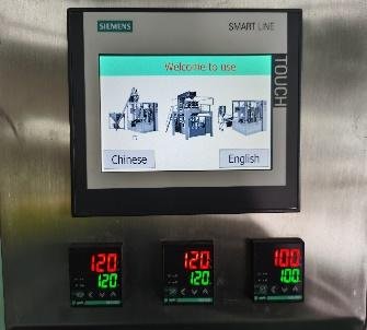 Siemens touchscreen and temperature controls on a rotary coffee bean premade pouch packaging machine