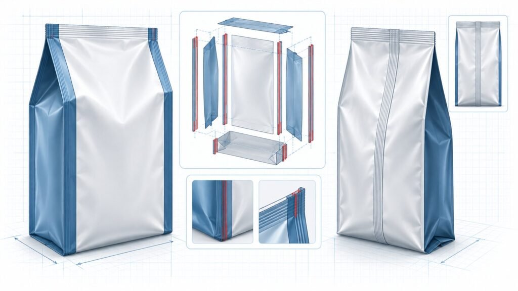 Technical comparison of a quad seal pouch with four reinforced corner seals and a conventional center seal gusseted bag