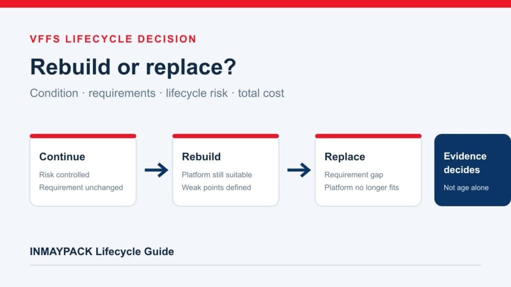 Decision paths for continuing, rebuilding or replacing a VFFS machine